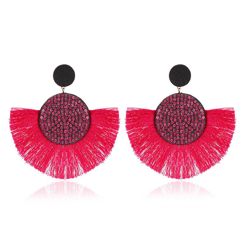 Wholesale Colored Diamond Scalloped Tassel Bohemian Exaggerated Earrings